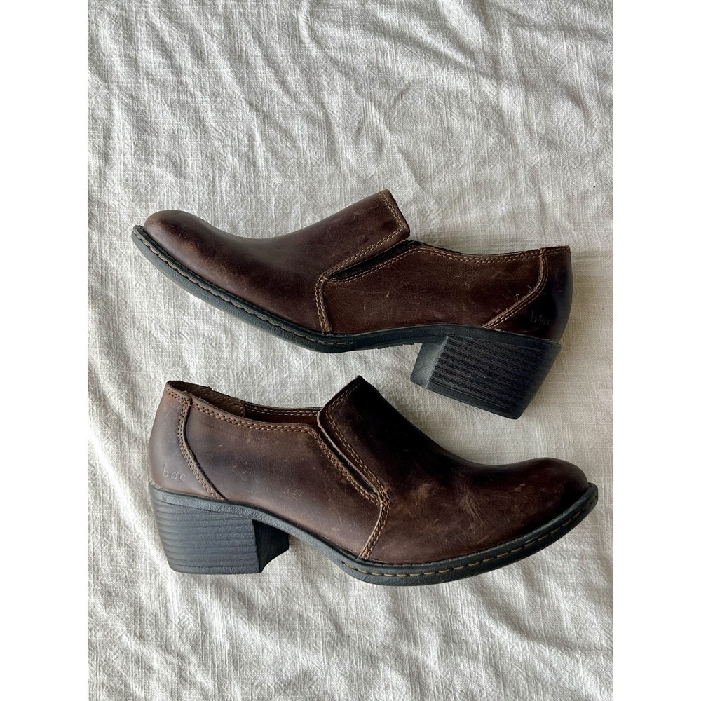 b.o.c Leather Slip On Brown Round Toe Block Heel Pumps Womens US 5 EU 36